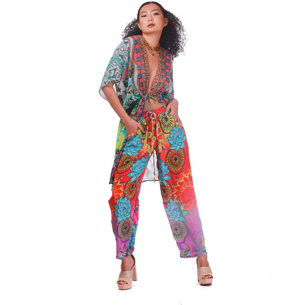 Blooming Flowers Ombre Print Duster. Opened front, drawstring at waist.