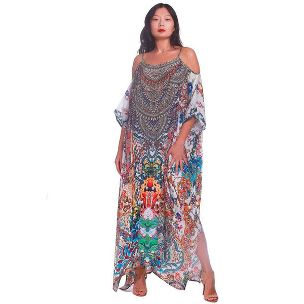 Mixed media floral, Regal yoke with stone details, Colt Shoulder Kaftan dress.