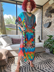 Turquoise Feather Print Laced Front Kaftan