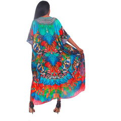 Turquoise Feather Print Laced Front Kaftan
